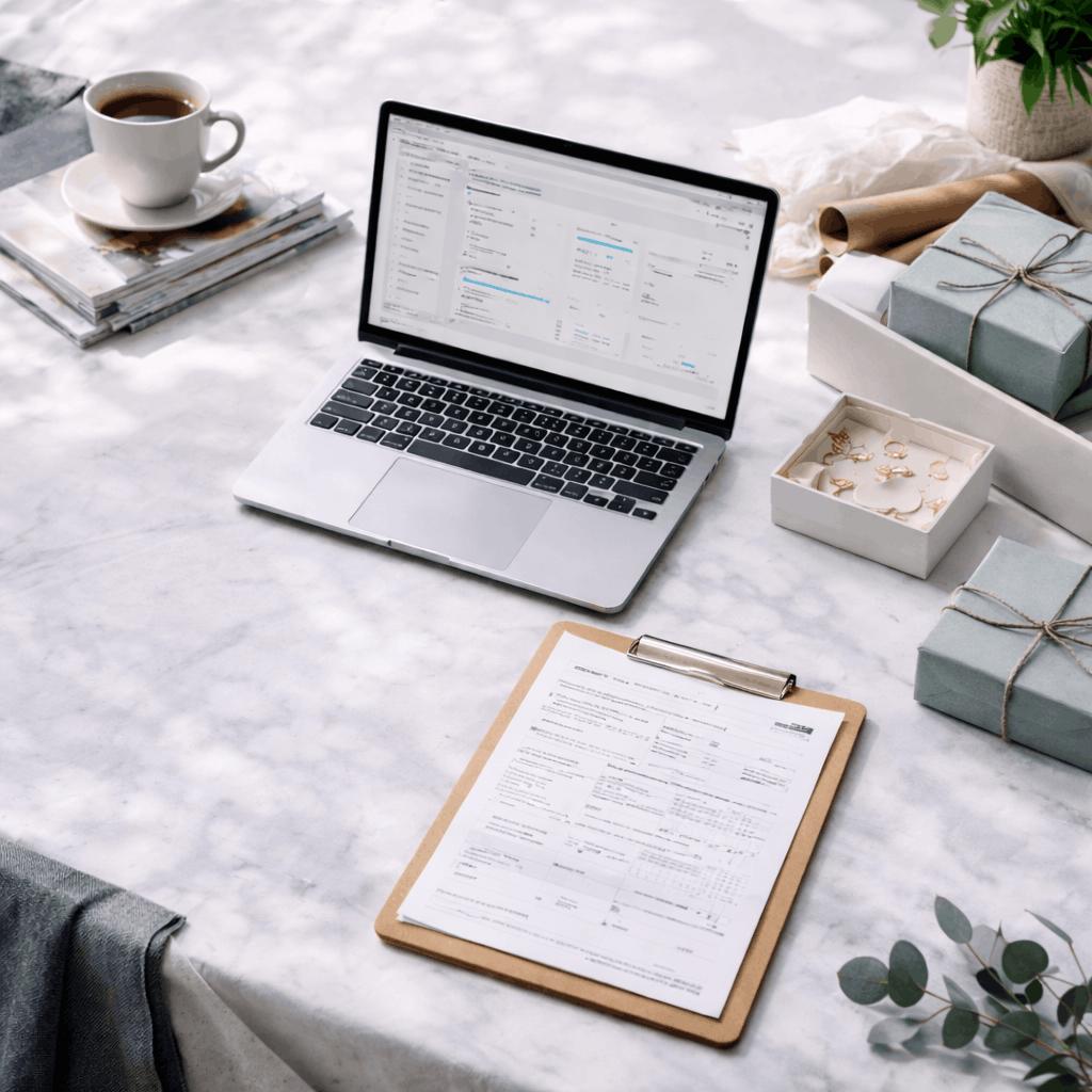 A bright business workspace with a laptop, documents and packaged products